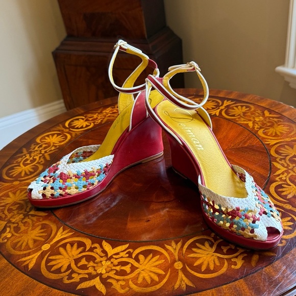 NWOT Delman Red/Yellow Leather Woven Peep toe Sandals 4” heel Size 8 MSRP $295 - Picture 4 of 13